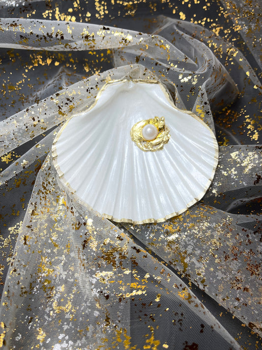 Gold Leaf Pearl Scallop Ring Dish